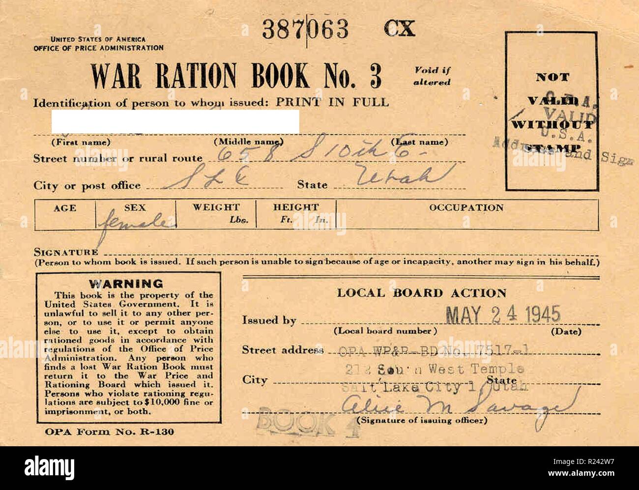 Mai 1945 U.S. ration Broschüre Abdeckung Stockfoto
