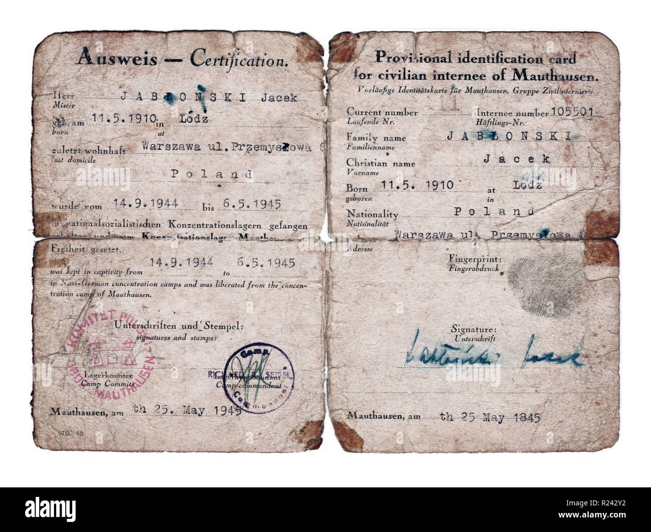 Zweiter Weltkrieg; Nach der Befreiung Identifikation Papier für ein ehemaliger Häftling des KZ Mauthausen genannt Jacek Jablonski 1945 Stockfoto