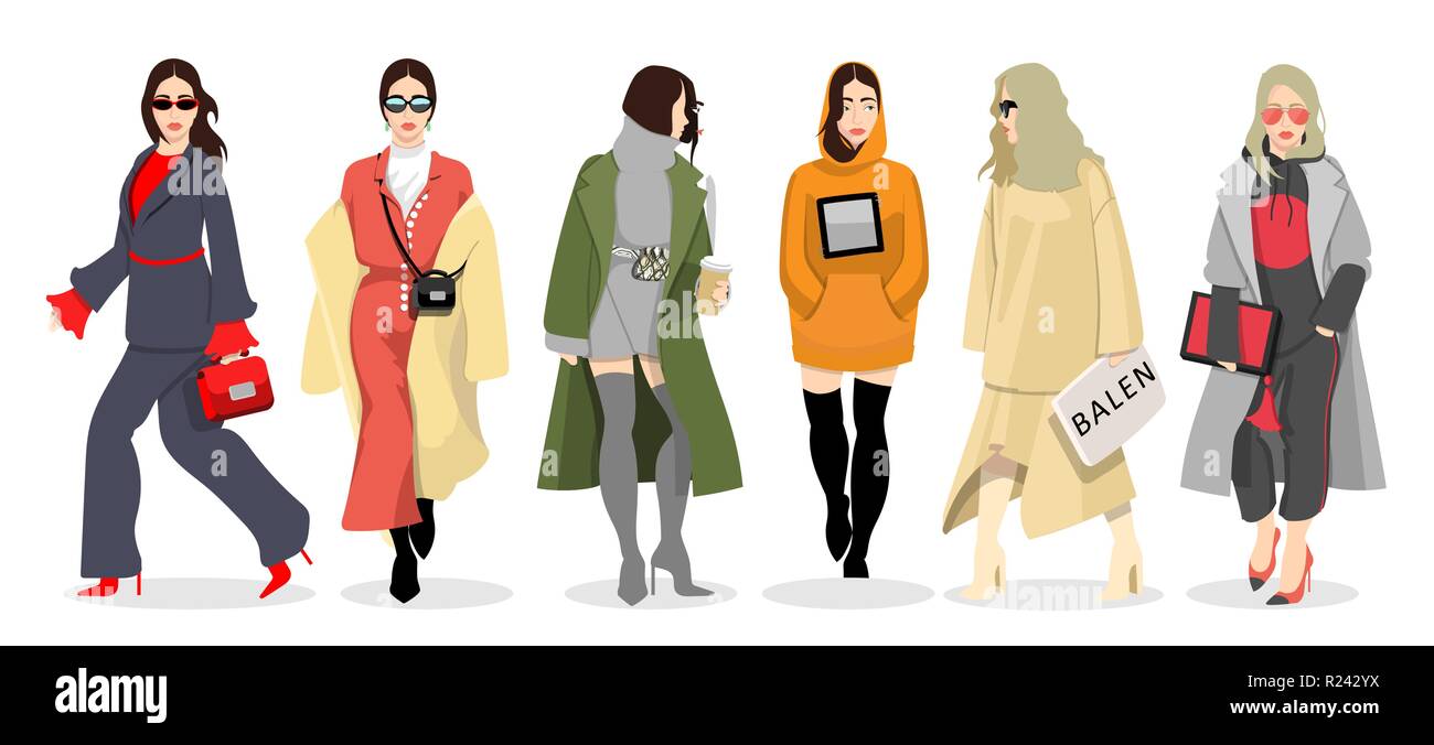 Einstellen der Frauen in stilvollen trendige Kleidung Stock Vektor