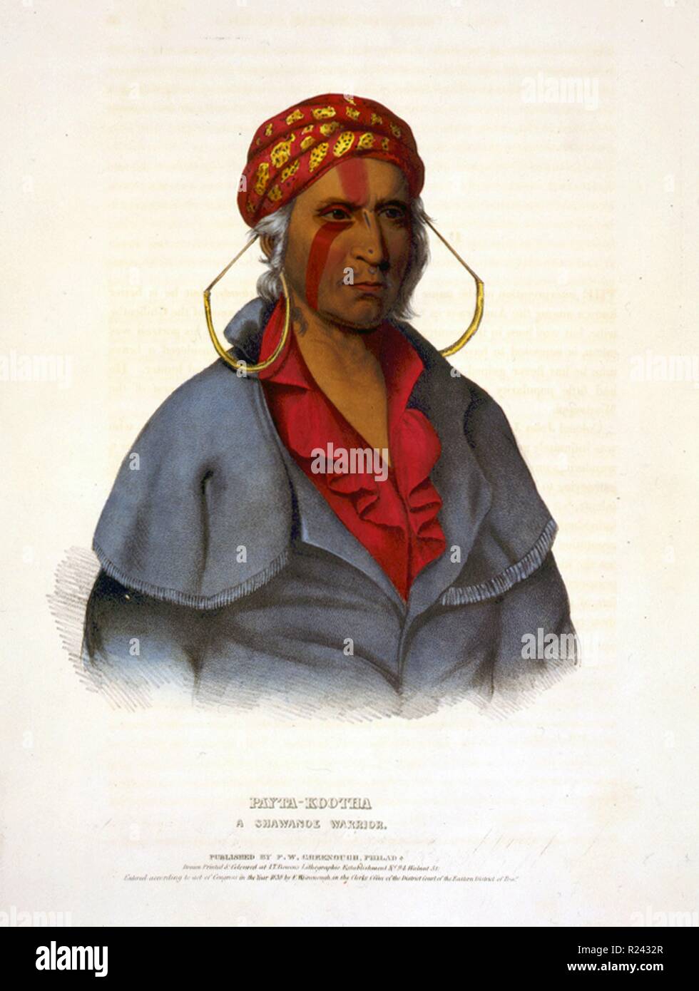 Payta-Kootha, ein Shawanoe Krieger tragen große Ohrringe. Die Shawanoe (Shawnee) sind native zu Oklahoma und einen östlichen Waldland Stamm. c. 1838 Stockfoto