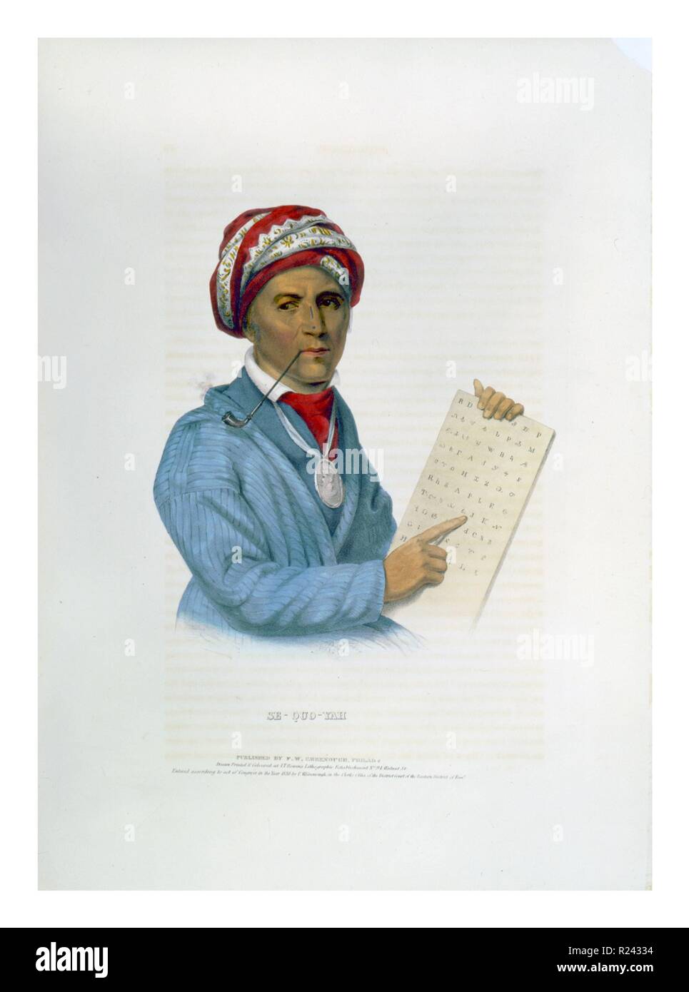 Se-Quo-Yah holding Cherokee Alphabet. Die cherokees sind eine Native American tribe Indigenen zu den süd-östlichen Staaten von Amerika 1838. c. Stockfoto