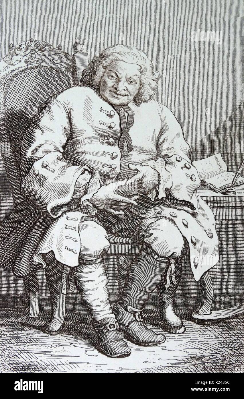 Kupferstich von britischen Künstler & Stecher, William Hogarth 1697-1764: Simon Fraser, 11 Lord Lovat (C. 1667 - 9. April 1747 in London) war ein schottischer Jacobite und Chief des Clan Fraser von lovat, der berühmt für seine heftigen Fehden und seine Änderungen der Untertanentreue war. 1745 18. Stockfoto