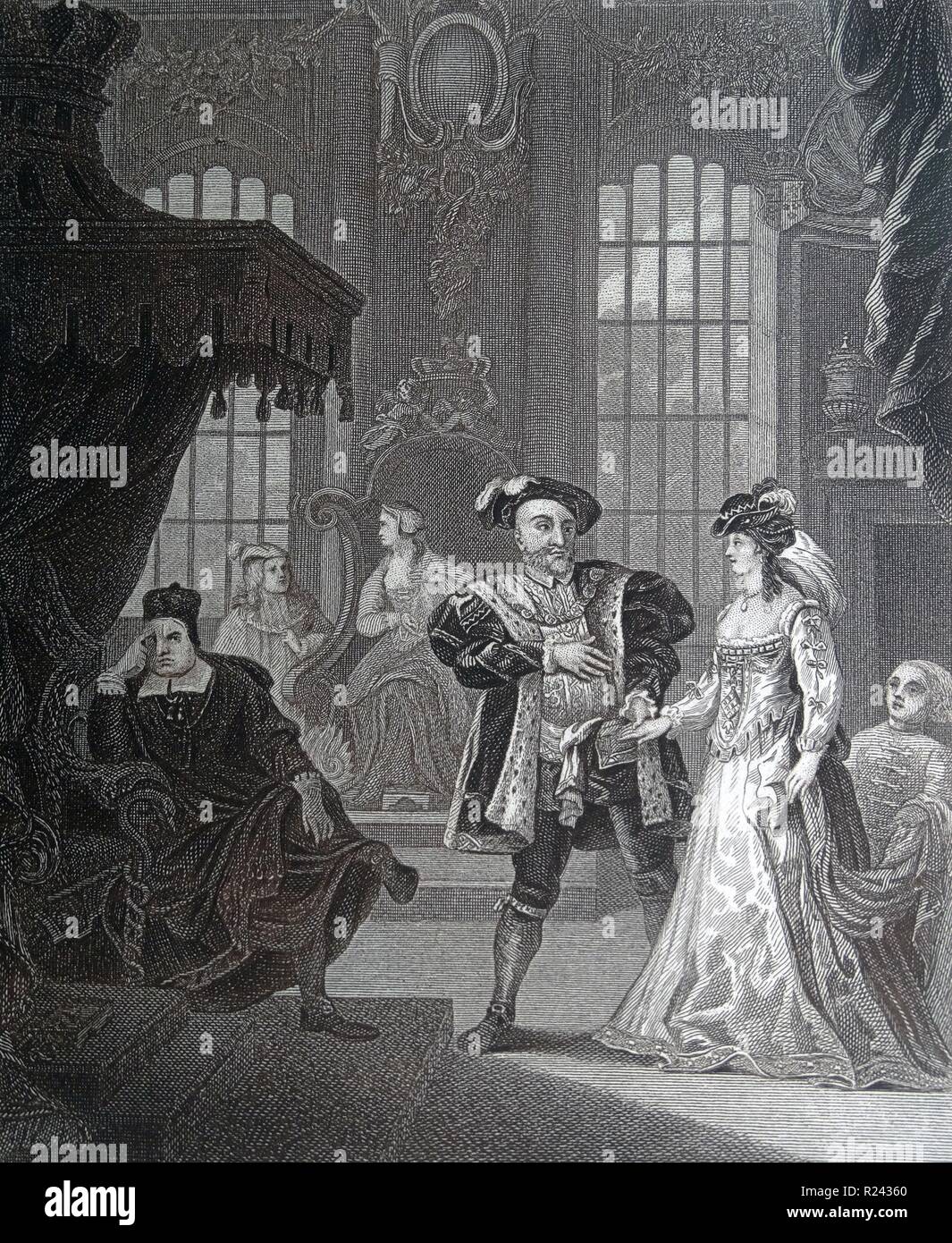 Kupferstich von britischen Künstler & Stecher, William Hogarth 1697-1764: König Heinrich der Achte & Anna Bullen (Anne Boleyn). Henry bekennt der Hofdame seiner (1 St) Ehefrau, Katharina von Aragon, diese wieder auf den Thron gesetzt, seine Gefühle. Auf der rechten Seite des Allmächtigen Kardinal Thomas Wolsey. Kupferstich von Thomas Cook (C. 1744-1818). Stockfoto