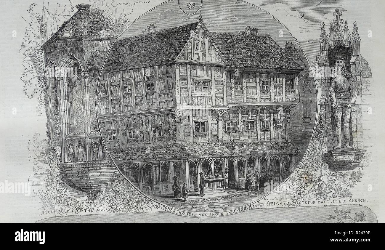 Tudor-Stil Gebäude und Geschäfte in Shrewsbury; England 1860 Stockfoto