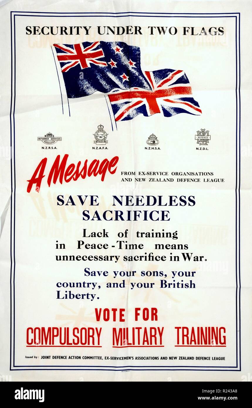 Plakat befürworten die New Zealand obligatorische Ausbildung Militärgesetz wurde 1949 in der Frühphase des Kalten Krieges eingeführt. Stockfoto