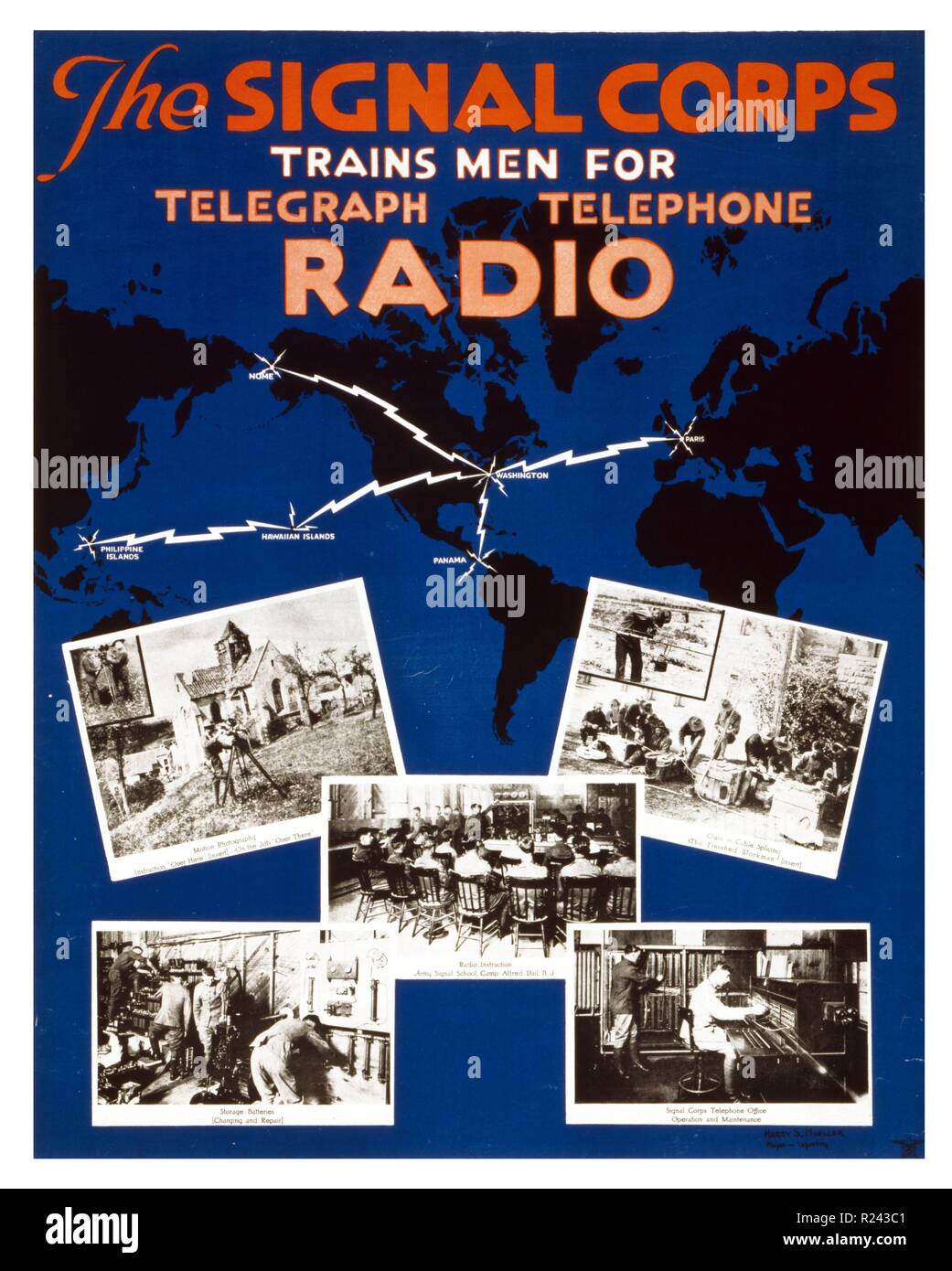 Us Army Signal Corps recruiting Poster, eine Karte der Welt mit