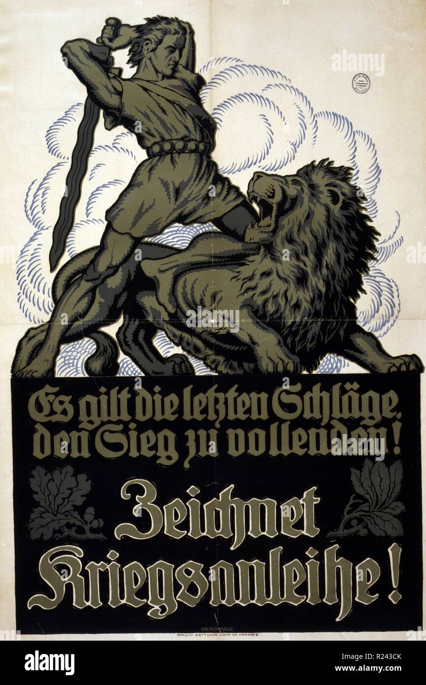 Plakat zeigt eine mittelalterliche Krieger zu einem brüllenden Löwen zu töten. Text: Es ist wichtig, dass der letzte bläst den Sieg erringen! Abonnieren Sie den Krieg Darlehen. Stockfoto