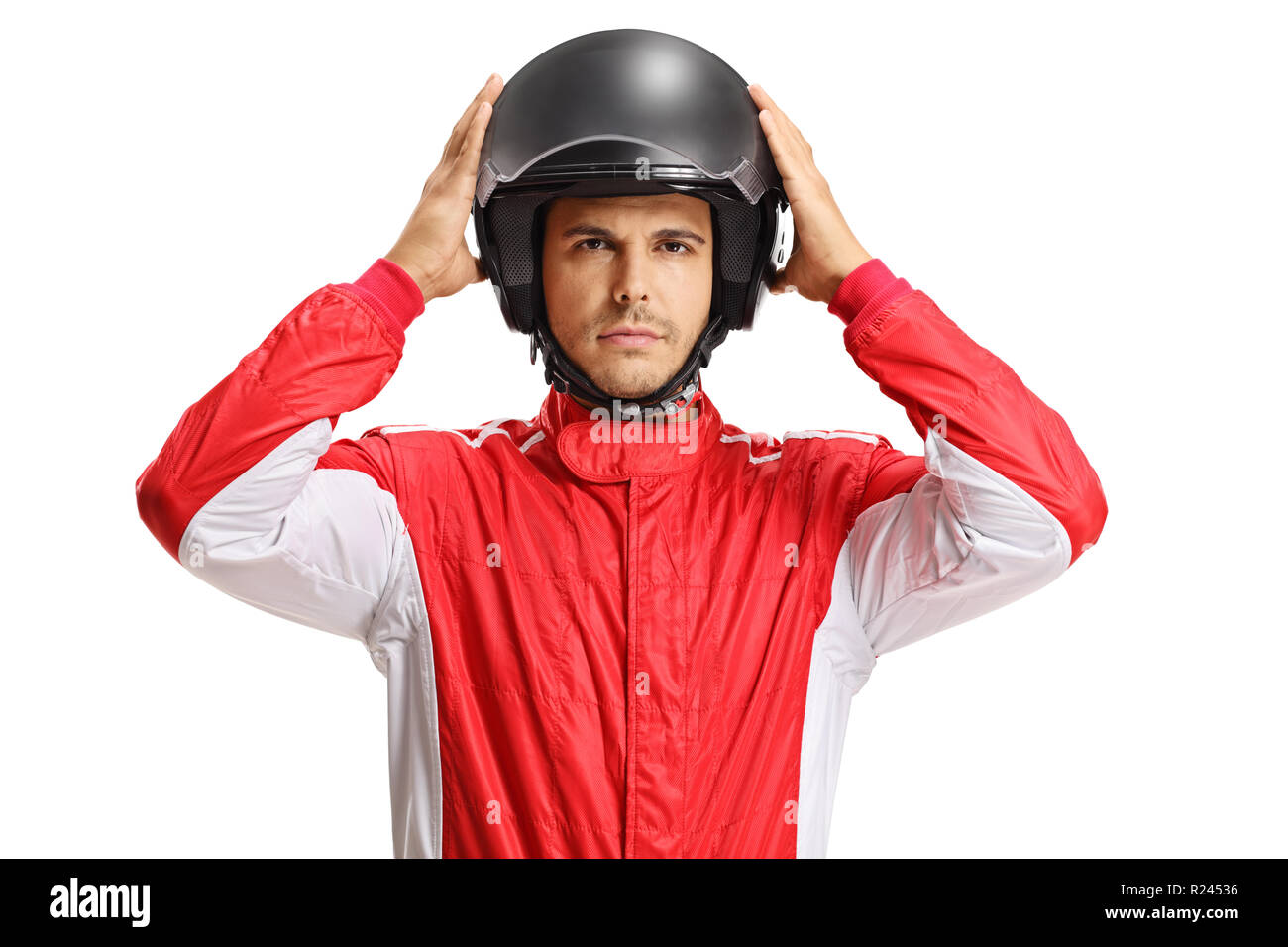 Racer mit einem Helm auf weißem Hintergrund Stockfoto