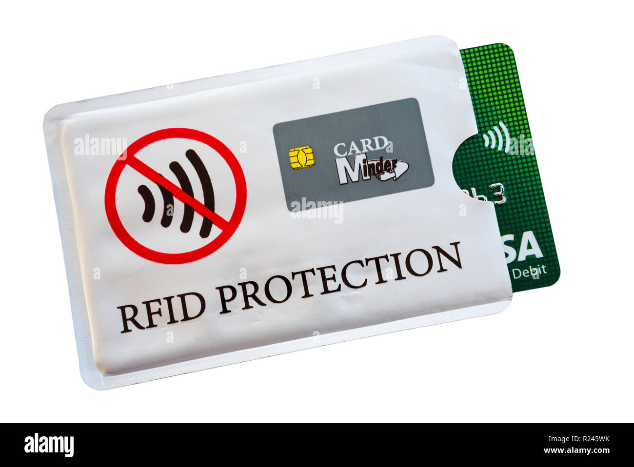 Karte Minder RFID Radio Frequency Identification blocker elektromagnetisch opak Hülse für den Schutz einer kontaktlosen bankcard vor Skimming UK Stockfoto