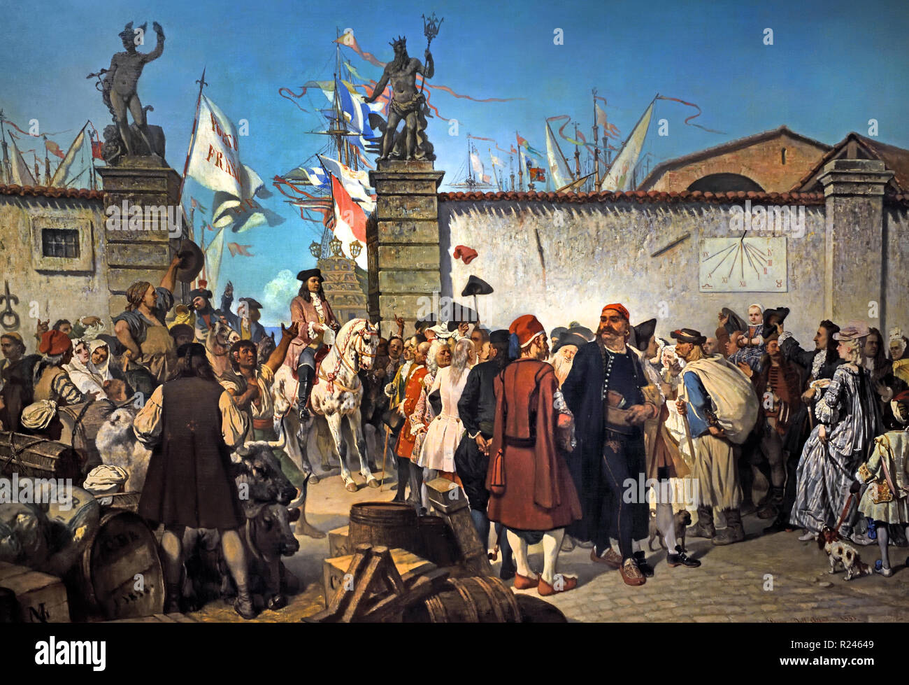 Die Verkündigung der Freihafen von Triest, die von Dell'Acqua Cesare, 1855,19 Th, Jahrhundert, Italien, Italienisch (, ein Pferd geht durch die Tür in der Wand mit einer Spalte und eine Sonnenuhr, im Hafen, Menschen und Flags) Stockfoto