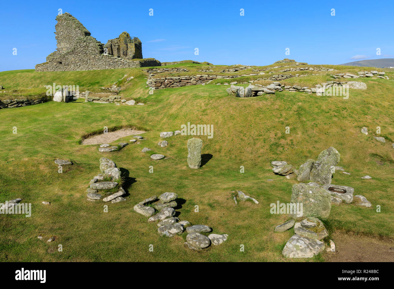 Jarlshof prähistorischen und nordischen Siedlung, 4000 Jahre alt, Sumburgh Head, Festland, Shetlandinseln, Schottland, Großbritannien, Europa Stockfoto