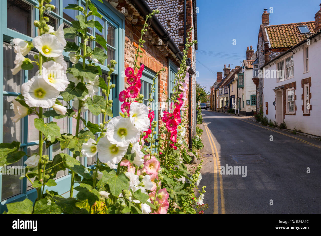 Blick auf die Straße und im Sommer blüht, Blakeney, Norfolk, England, Vereinigtes Königreich, Europa Stockfoto