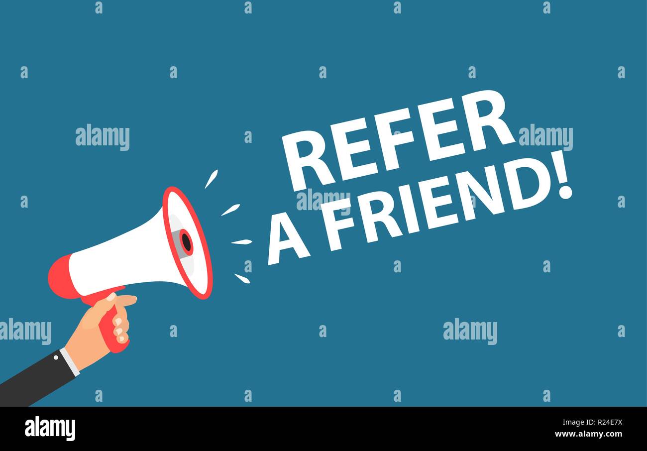 Megafon mit Sprechblase. Empfehlen Sie einen Freund Konzept. Vector Illustration Stock Vektor