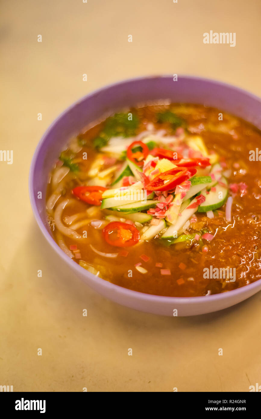 Frisch zubereitet malaysischen Penang Laksa würzige Nudelsuppe in einem lokalen Restaurant auf der Insel Penang serviert. Traditionelle asiatische Küche aus frischen ingredien Stockfoto