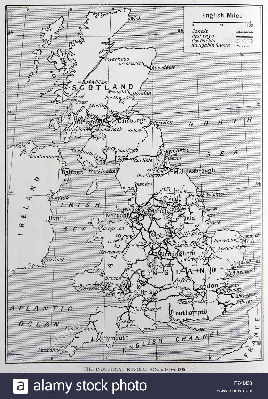 Britische Industrielle Revolution Karte c 1715 - c 1830, der Eisenbahn, Revieren, Flüssen und 