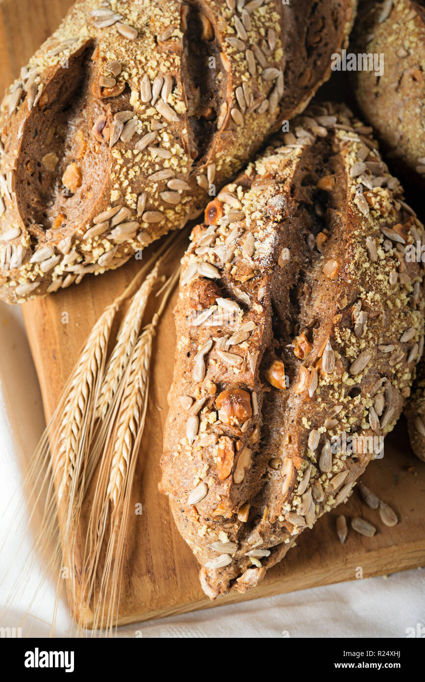 Immer noch leben Der artisan Rustikales Brot mit Samen und Nüsse Stockfoto