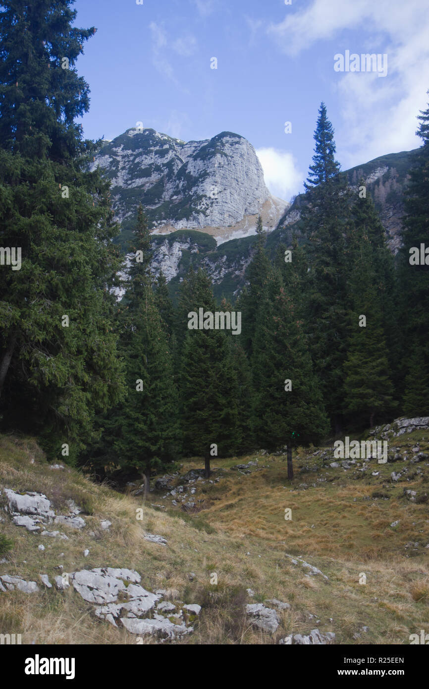 Landschaft der Julischen Alpen, Berg Velika Baba, Blick vom Krn See, in der Nähe von Juliana Walking Trail und Alpe Adria Trail, Slowenien, Mitteleuropa Stockfoto