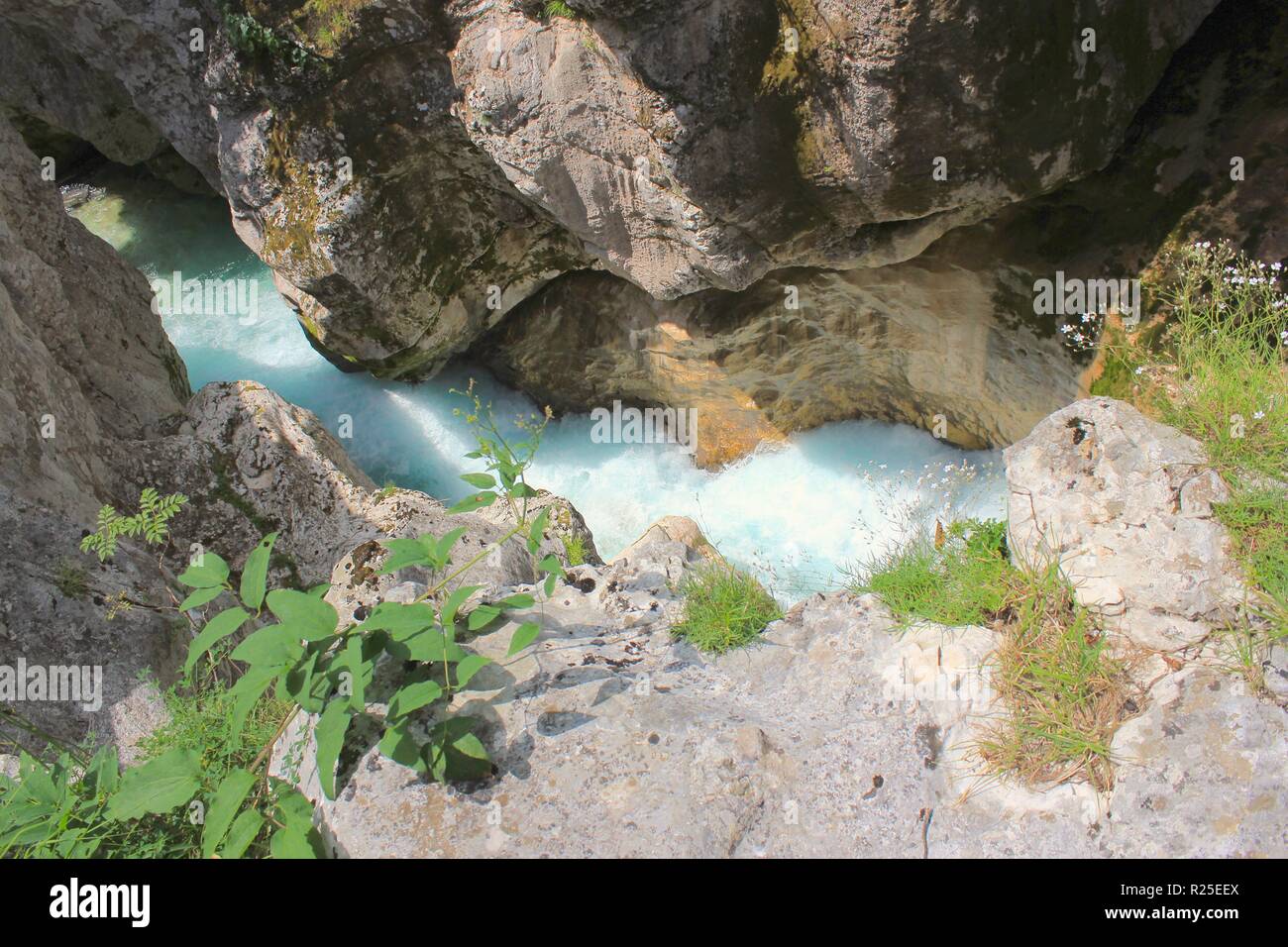 Flussbetten von Soca, Triglav National Park, Julische Alpen, Juliana Walking Trail, Alpe Adria Trail, Slowenien, Mitteleuropa Stockfoto