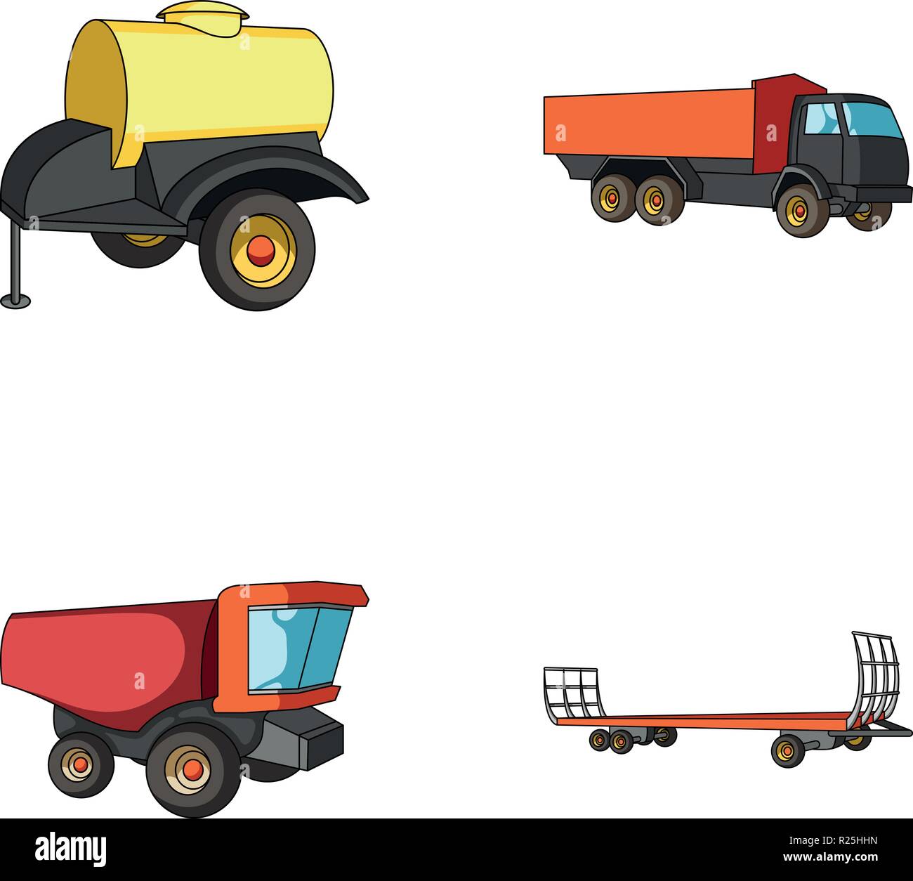 Anhänger mit einem Faß, Lkw und andere landwirtschaftliche Geräte. Landwirtschaftliche Maschinen ein Sammlung Icons im Comic-stil Vektor Symbol lieferbar Illustra Stock Vektor