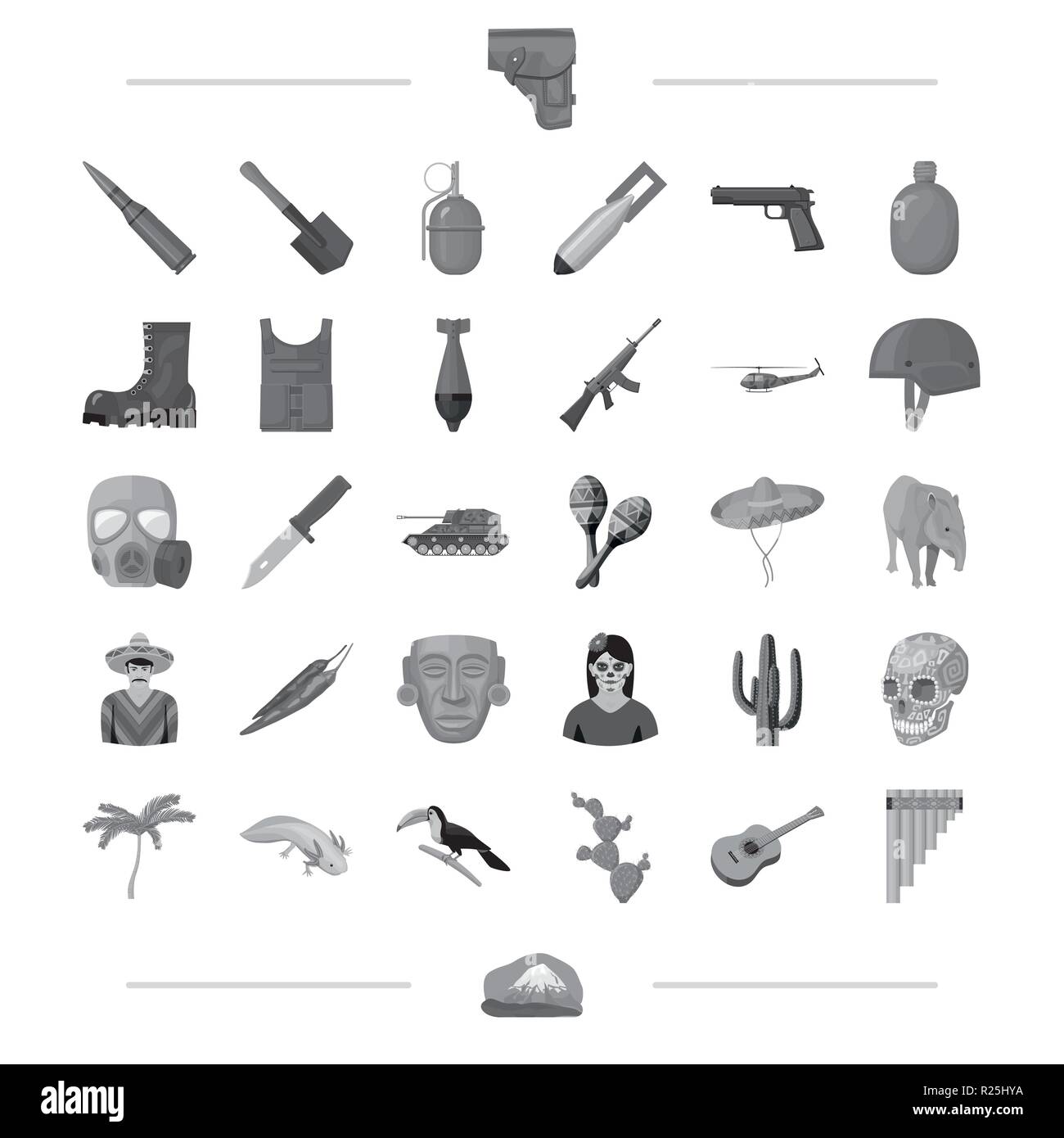 Tier, Bombe, Booten, Bullet, Bulletproof, Kaktus, Cape, Sammlung, Verteidigung, Kolben, Gas, Granate, Hubschrauber, Holster, Ikone, Idol, Illustration, isoliert, Messer, Logo, Maschine, Säugetiere, Maracas, Maske, mexikanischen, monochrom, Berg, national, Palm, Pfeffer, Pistole, Satz, Zeichen, Schädel, Sombrero, sopilka, Spachtel, Symbol, Tank, Tapir, Thorn, Torpedo, Toucan, Tradition, Vector, Weste, Krieg, Waffe, web Vektor Vektoren, Stock Vektor