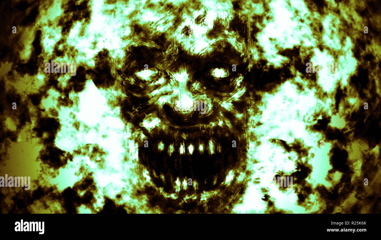 Wütend brennen ghoul Gesicht Abbildung. Grüne Hintergrundfarbe. Stockfoto