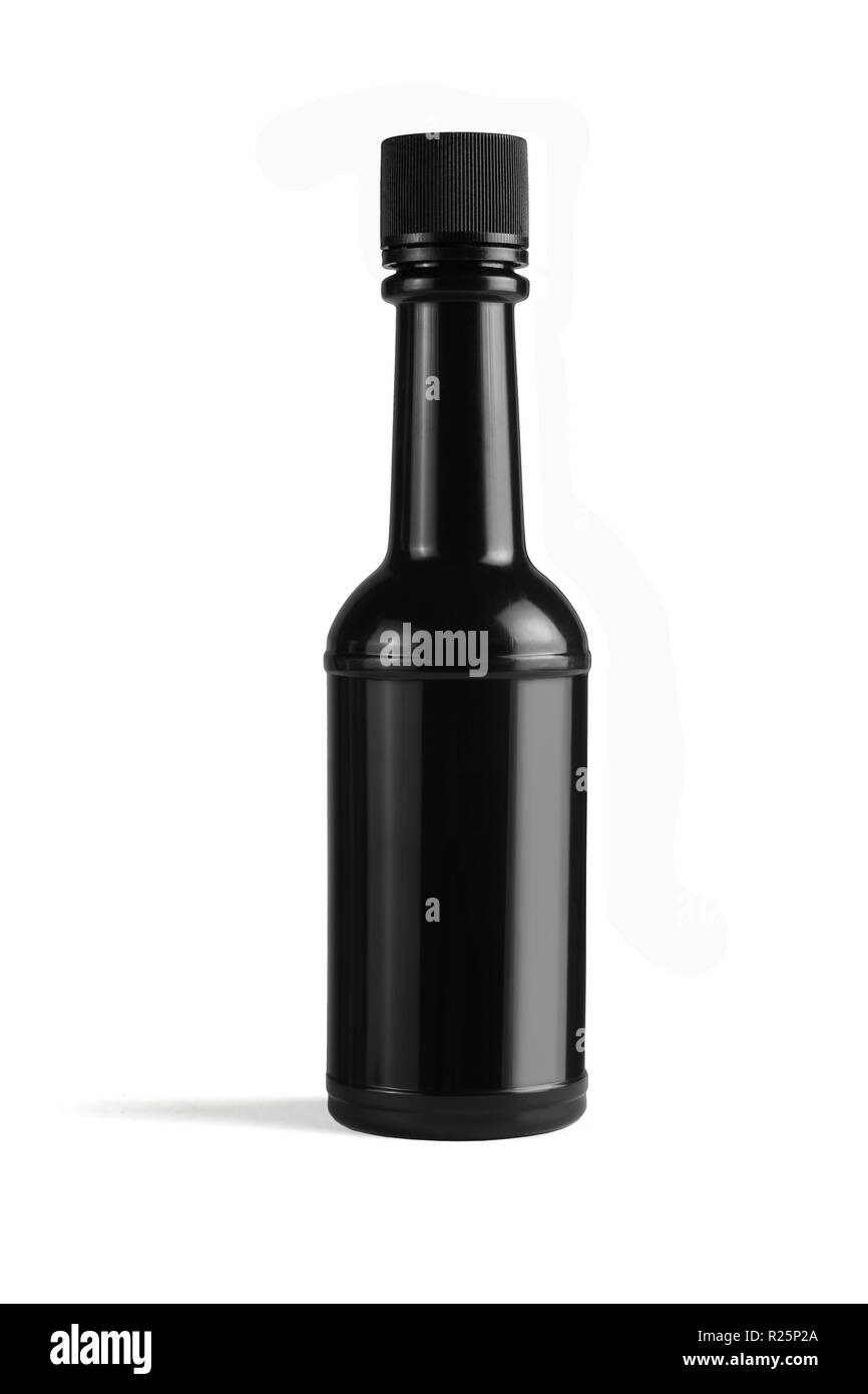 Schwarzer Kunststoff Flasche auf weißem Hintergrund Stockfoto
