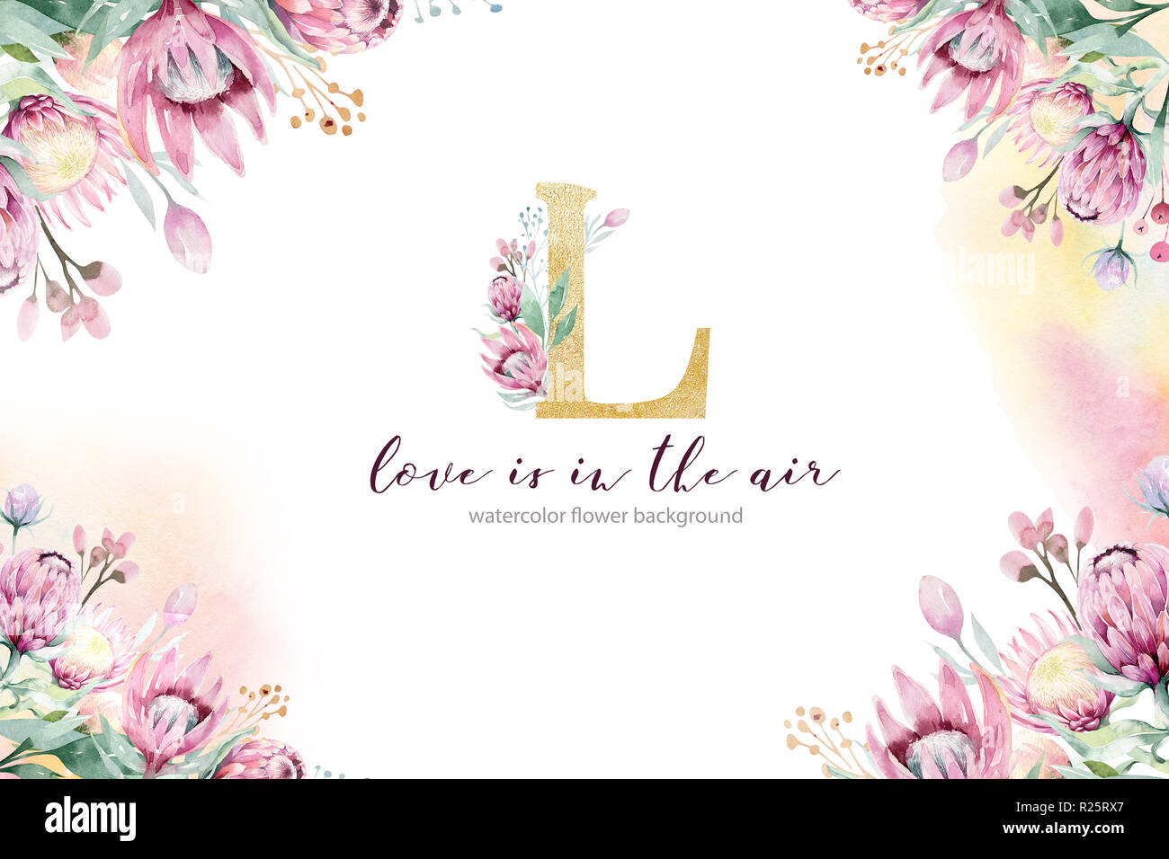 Watercolorgold Blumenschmuck Frühling Sommer Hintergrund mit Blossom Protea Blume. Hochzeit Dekoration Rahmen mit Blumenkunst. Stockfoto