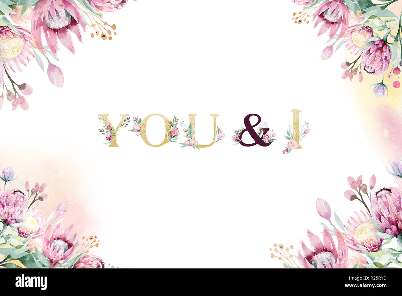 Watercolorgold Blumenschmuck Frühling Sommer Hintergrund mit Blossom Protea Blume. Hochzeit Dekoration Rahmen mit Blumenkunst. Stockfoto