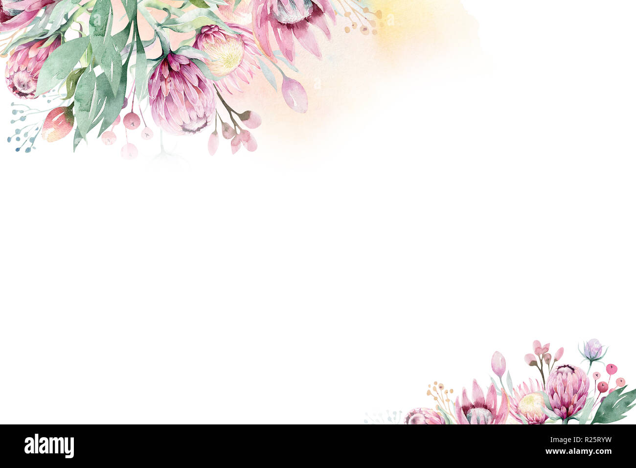 Watercolorgold Blumenschmuck Frühling Sommer Hintergrund mit Blossom Protea Blume. Hochzeit Dekoration Rahmen mit Blumenkunst. Stockfoto