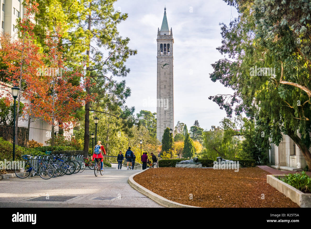 November 19, 2017 Berkeley/CA/USA - Studenten und Besucher zu Fuß durch die Campus an einem sonnigen Herbsttag; Sather Tower (Campanile) im backgroun Stockfoto