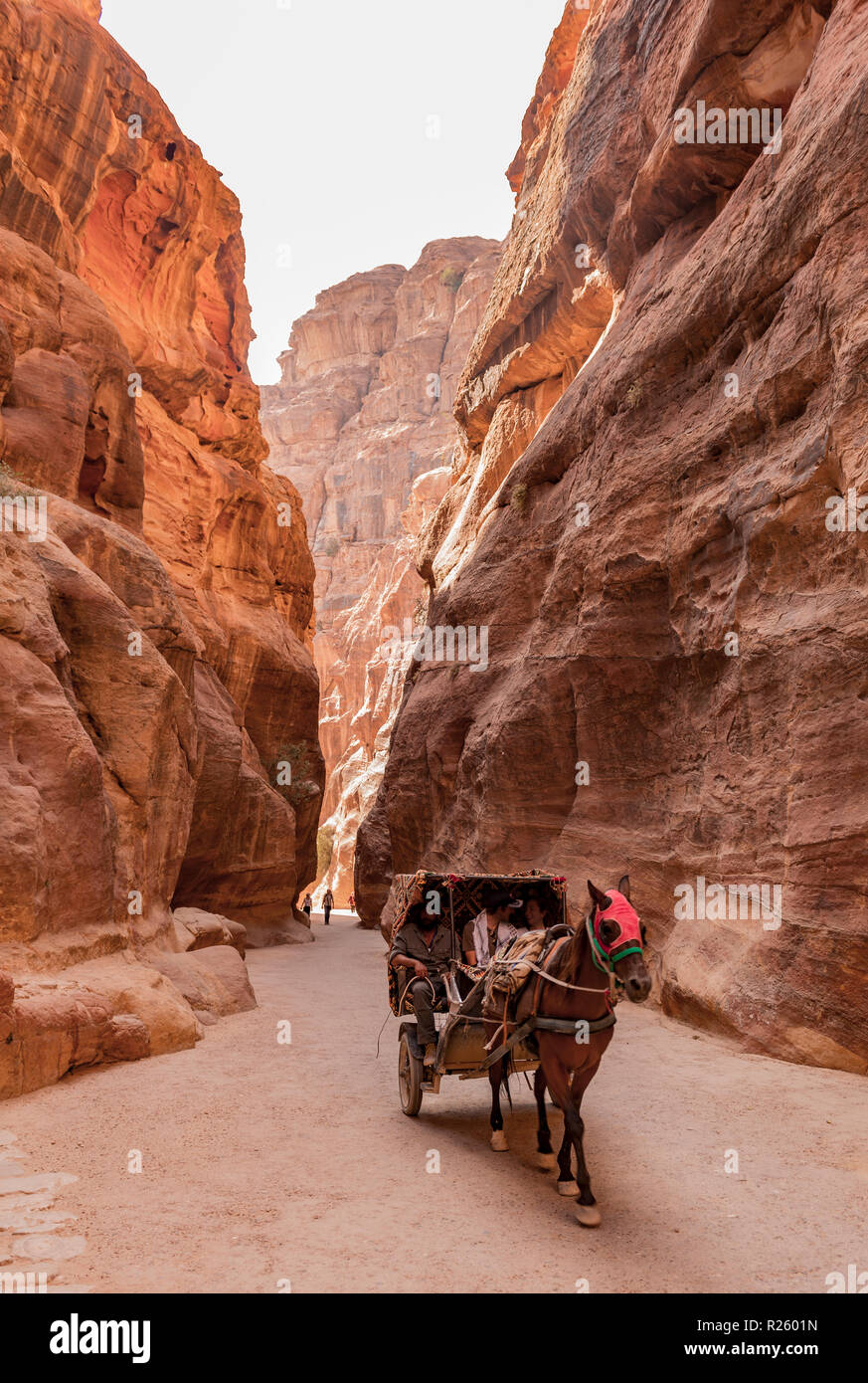 Pferdekutsche in den Siq Schlucht, Eintritt in die nabatäische Stadt Petra, in der Nähe von Wadi Musa, Jordanien Stockfoto