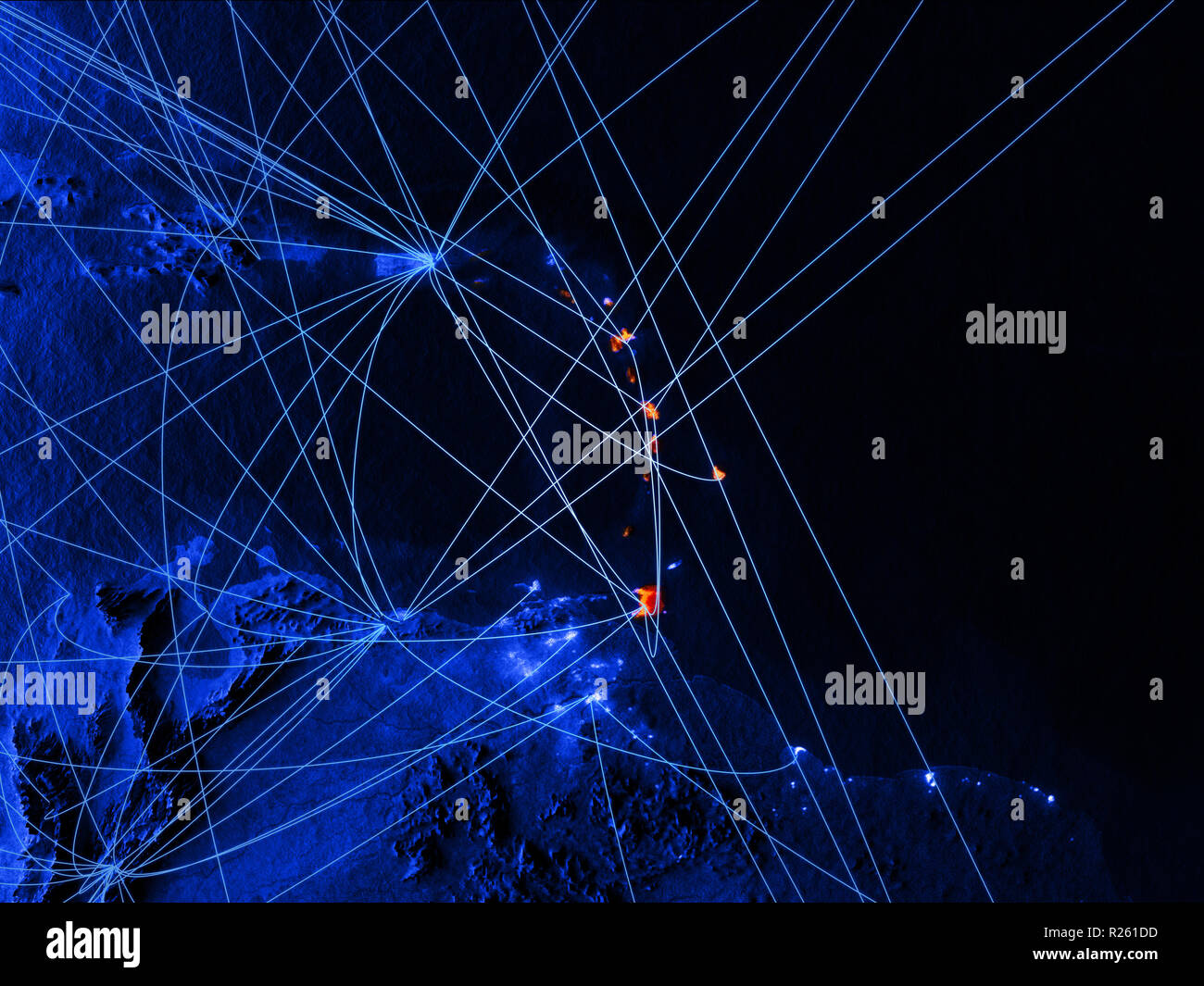 Karibik auf Blau digitale Karte mit Netzwerken. Konzept der internationalen Reisen, Kommunikation und Technologie. 3D-Darstellung. Elemente dieses Bild fu Stockfoto