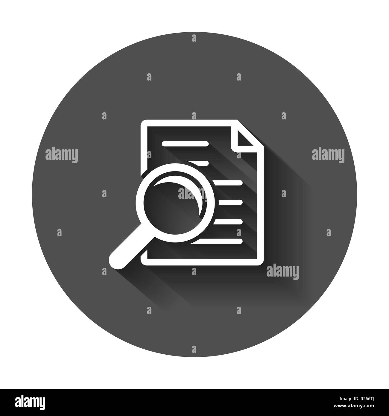 Kontrolle Dokument Plan-symbol im flachen Stil. Überprüfung Statement Vector Illustration mit langen Schatten. Dokument mit Lupe Lupe Geschäftskonzept. Stock Vektor