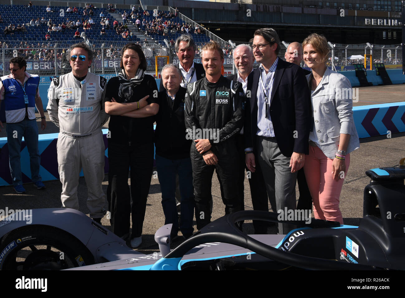 2018 Berlin ePrix, Runde 9 der Saison 2017/2018 Meisterschaft, am Flughafen Tempelhof Straßenkurs. Nico Rosberg, Alejandro Agag, Jean Todt Stockfoto