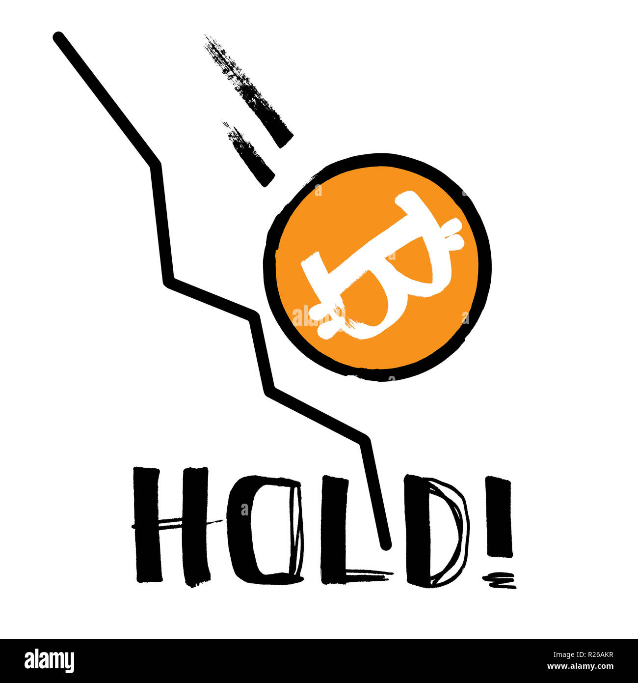Halten! - Sinkende Bitcoin und unten Grafik Grafik Stockfoto
