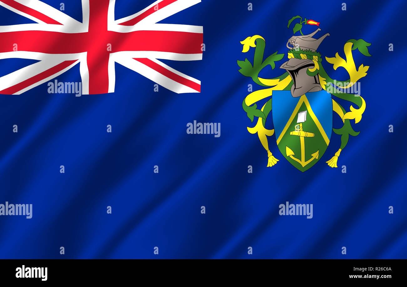 Pitcairninseln 3D wehende Flagge Abbildung. Textur kann als Hintergrund verwendet werden. Stockfoto
