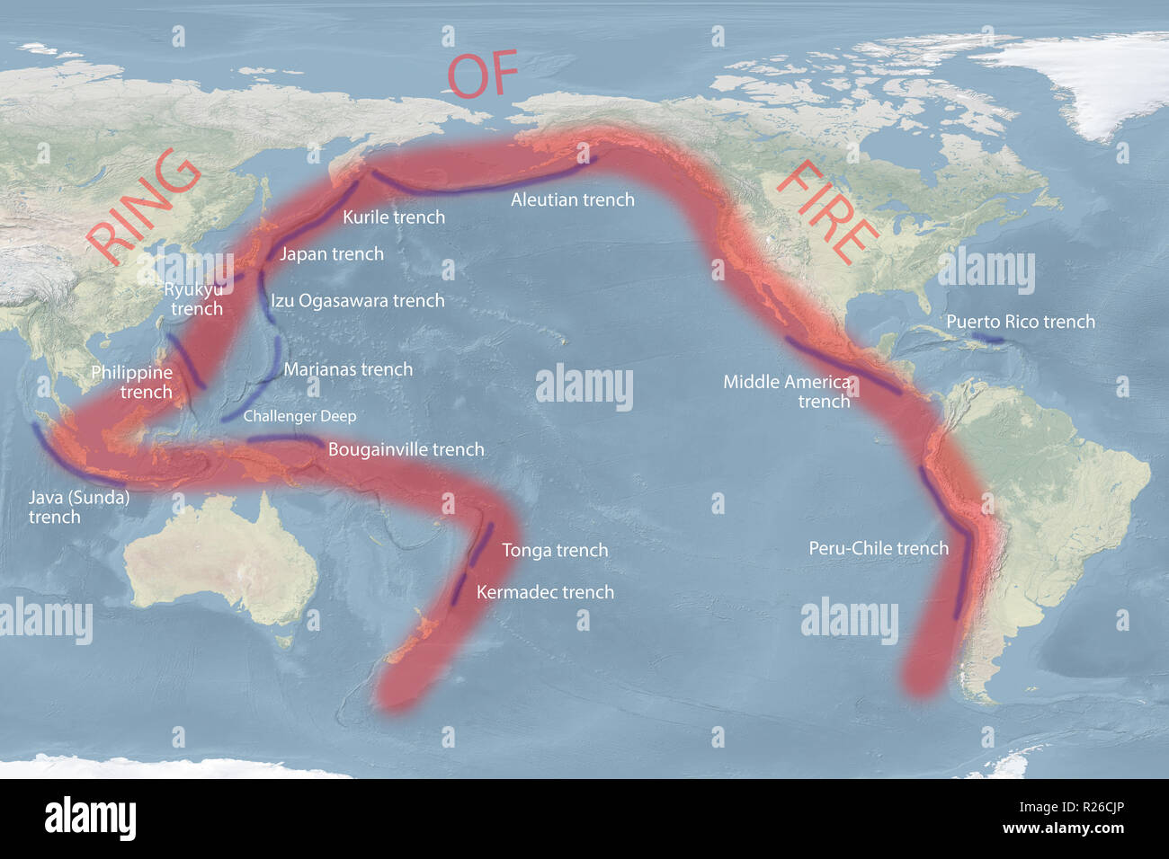 Pacific 'Ring Of Fire' Karte mit Gräben (nur Bild zur Veranschaulichung  Stockfotografie - Alamy