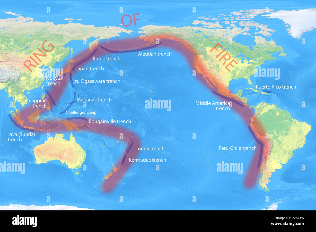 Pacific 'Ring Of Fire' Karte mit Gräben (nur Bild zur Veranschaulichung  Stockfotografie - Alamy