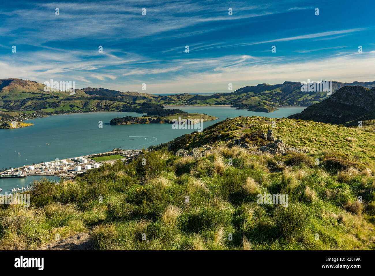 Christchurch Gondola und Lyttelton Hafen von Port Hills in Neuseeland, Südinsel Stockfoto