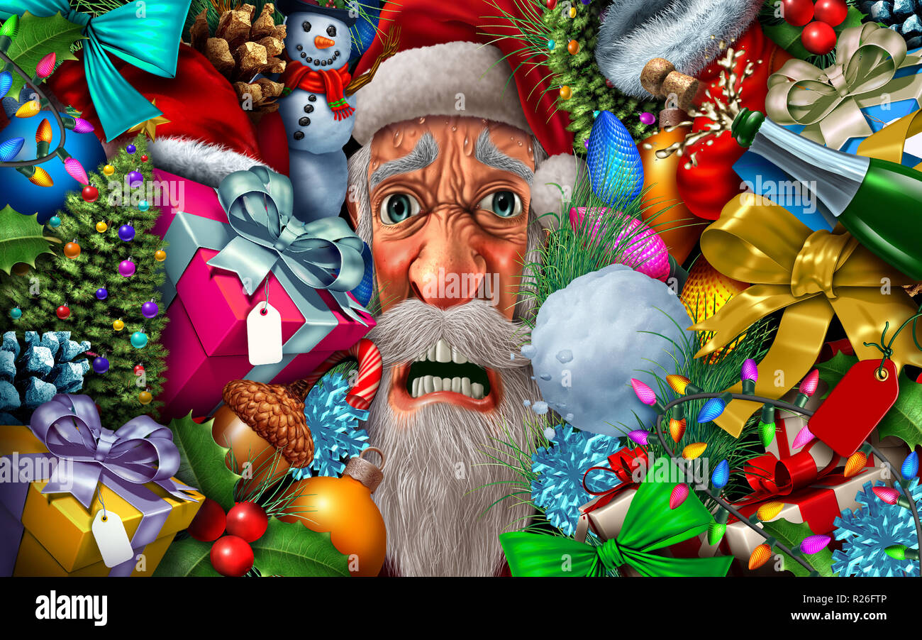 Frustriert Santa Claus und christmas Druck oder Weihnachtszeit santaclause Kopfschmerzen mit 3D-Illustration Elemente. Stockfoto