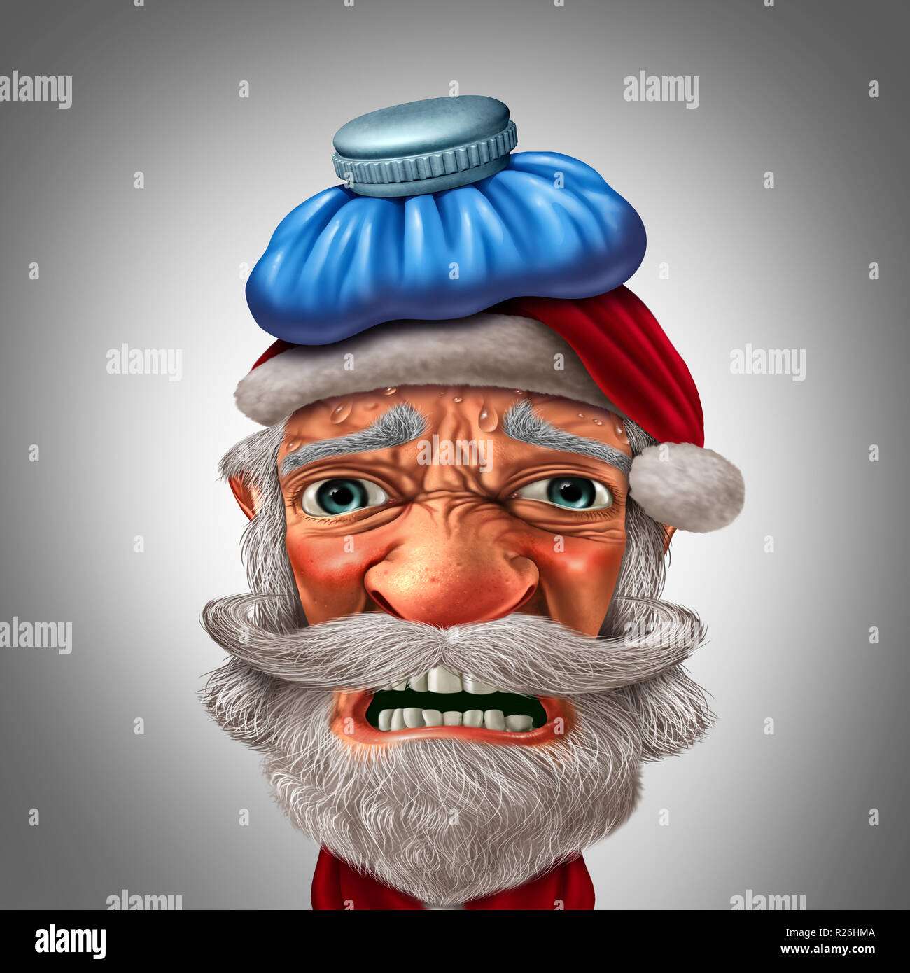 Weihnachten Kopfschmerzen mit einem Weihnachtsmann traurig während der Weihnachtszeit als lustig saisonalen Charakter mit 3D-Illustration Elemente. Stockfoto
