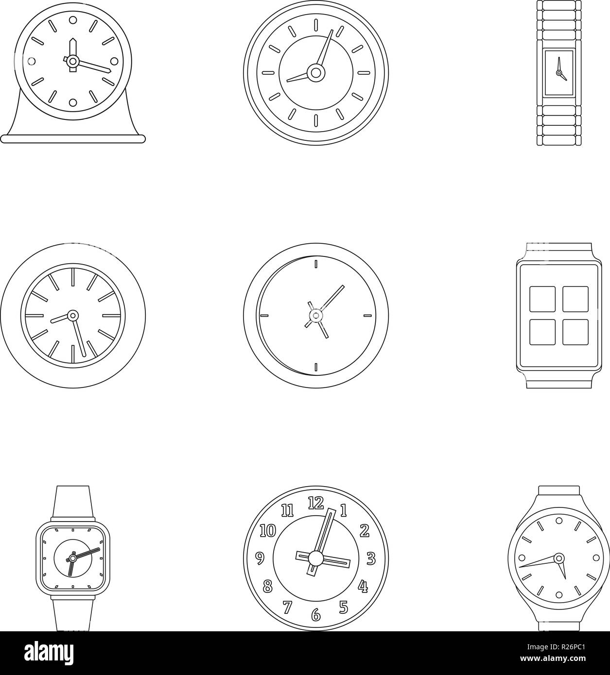 Chronographenwerk Symbole gesetzt. Umrisse Set von 9 Chronograph movement Vector Icons für Web auf weißem Hintergrund Stock Vektor