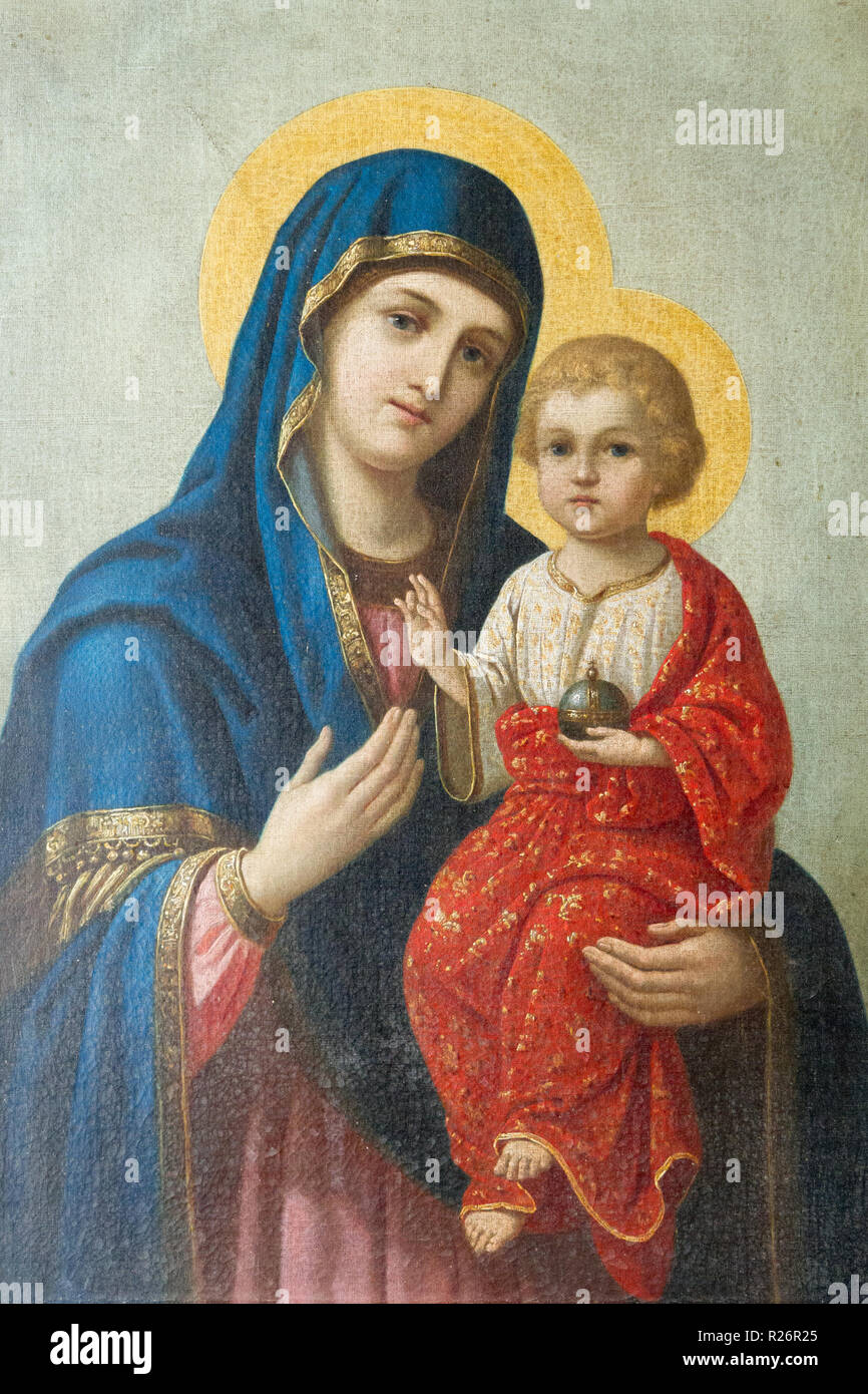Eine Ikone der Jungfrau und Gottesmutter Hodegetria (Der Weg). Von einer Kirche in Resov, Slowakei. Um den Anfang des 20. Jahrhunderts. Derzeit in einem Museum Stockfoto