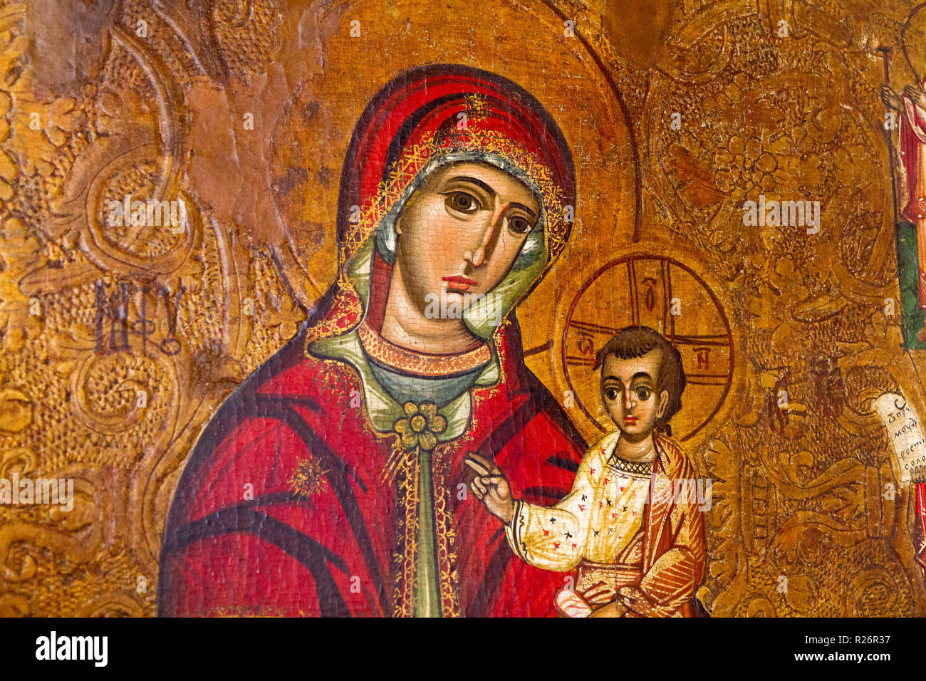 Eine Ikone der Jungfrau und Gottesmutter Hodegetria (Der Weg). Um 1550-1580. Von der hölzernen Kirche des Hl. Demetrius in Rovne Slowakei. Stockfoto