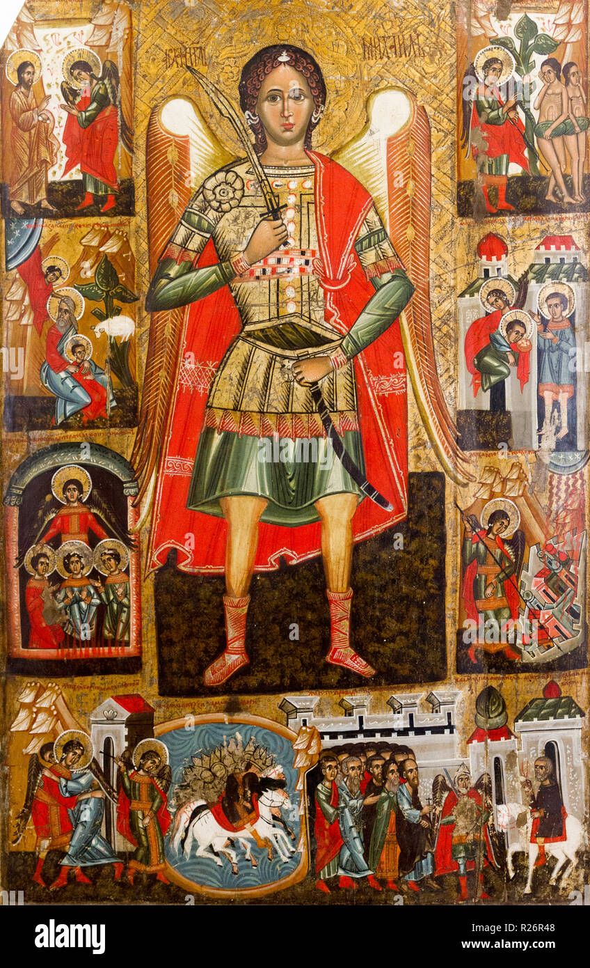 Ein Symbol des Erzengels Michael. Um 1550-1580. Von der hölzernen Kirche des Hl. Demetrius in Rovne Slowakei. Stockfoto