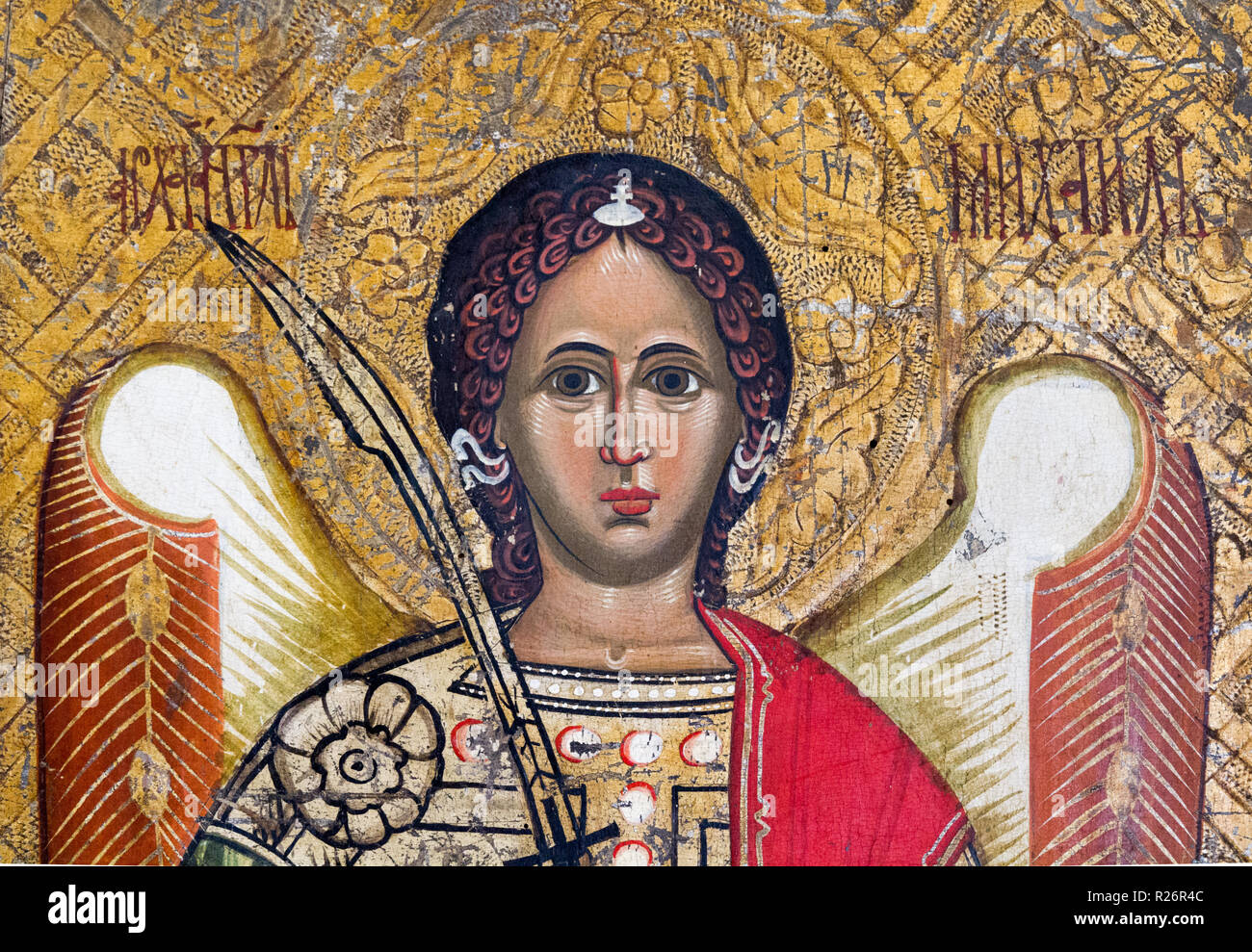 Ein Symbol des Erzengels Michael. Um 1550-1580. Von der hölzernen Kirche des Hl. Demetrius in Rovne Slowakei. Stockfoto