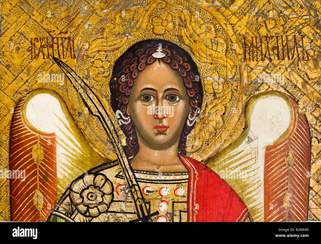 Ein Symbol des Erzengels Michael. Um 1550-1580. Von der hölzernen Kirche des Hl. Demetrius in Rovne Slowakei. Stockfoto