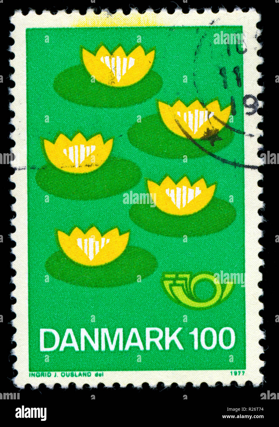 Poststempel Stempel aus Dänemark im Norden 1977 - Seerosen Serie Stockfoto