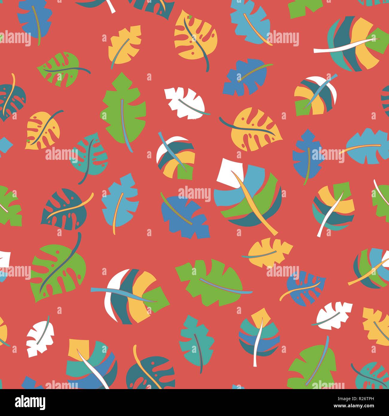 Tropische Blätter Hand gezeichnet Rot Grün Blau Weiß nahtlose Muster. Perfekt für Stoffdesign, Schrott, Buchung, und Wallpaper Design. Stock Vektor