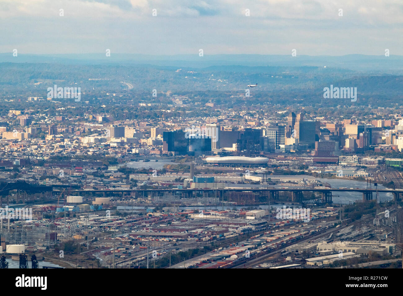 Helikopter Luftbild von Newark, New Jersey und Umgebung, USA Stockfoto